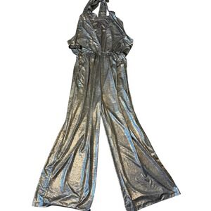 NWT New York & Company Silver Metallic Halter Wide Leg Jumpsuit NWT Large